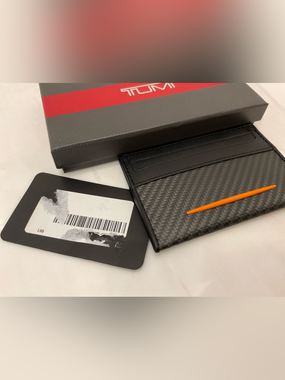 NEW Tumi McLaren Leather Slim Card Case Wallet - CARBON FIBER & PAPAYA ORANGE - Picture 2 of 7